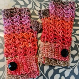 Handmade Crochet Wool Fingerless Gloves - Swarovski Crystal Buttons/Shades of Pink