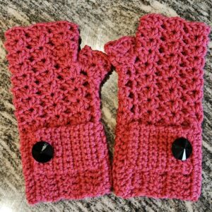 Handmade Crochet Wool Fingerless Gloves - Swarovski Crystal Buttons / Coral 